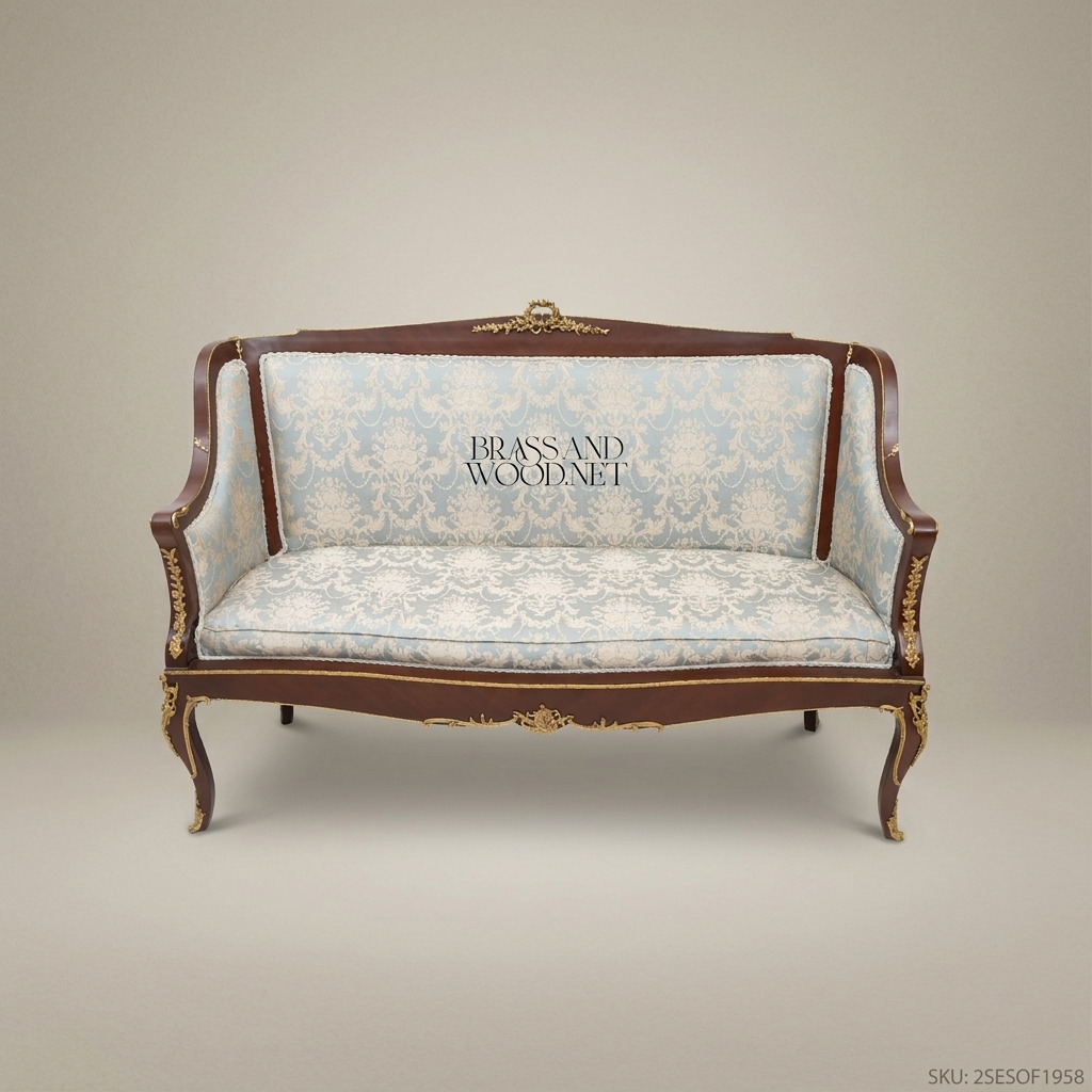 3-Seat Louis XV Damask Salon Sofa with Gilt Brass Mounts