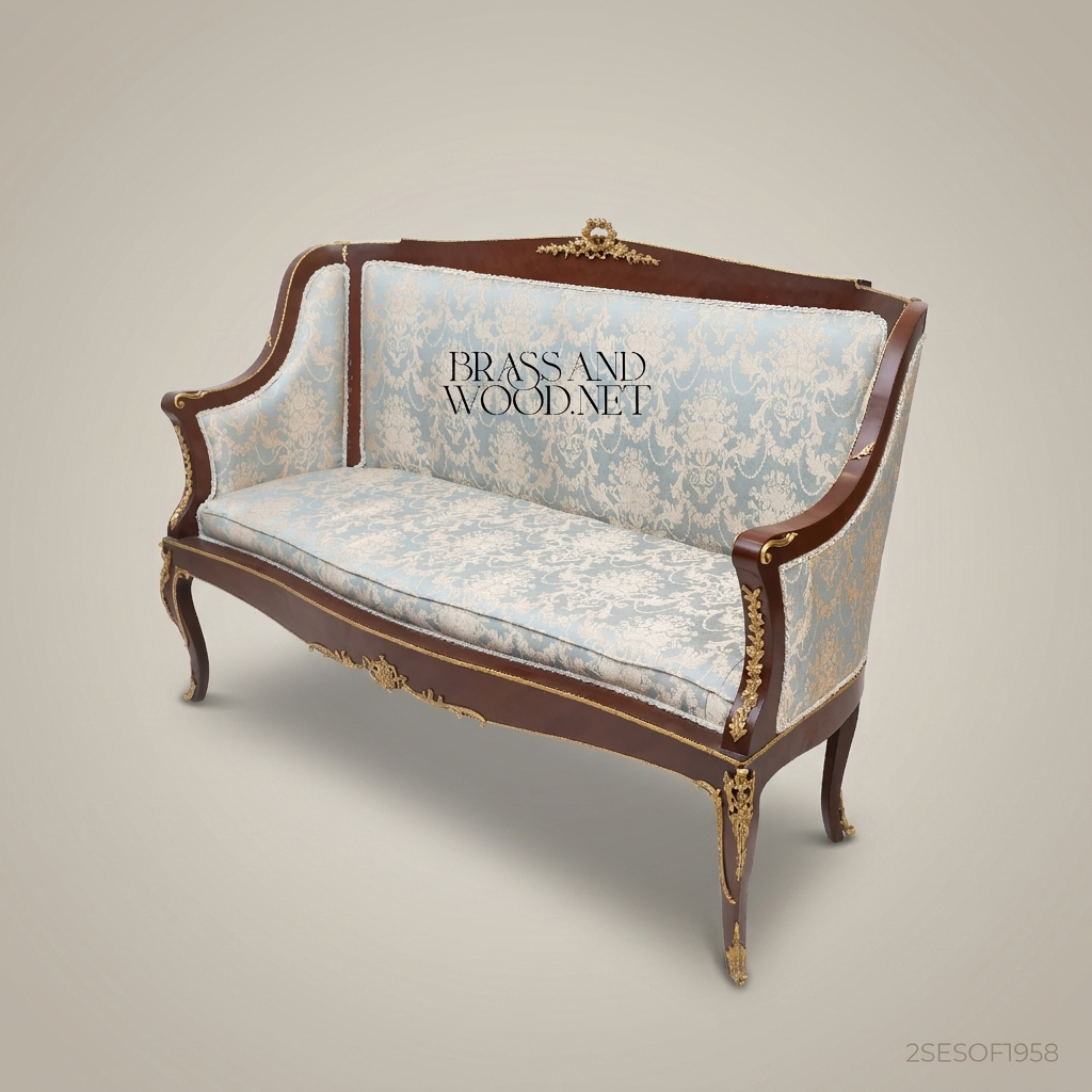 3-Seat Louis XV Damask Salon Sofa with Gilt Brass Mounts