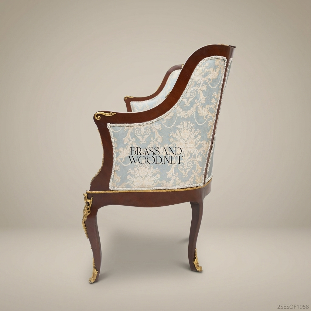 3-Seat Louis XV Damask Salon Sofa with Gilt Brass Mounts