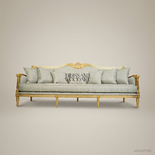 3-Seat Louis XVI Gilded Salon Sofa – Damask Upholstery