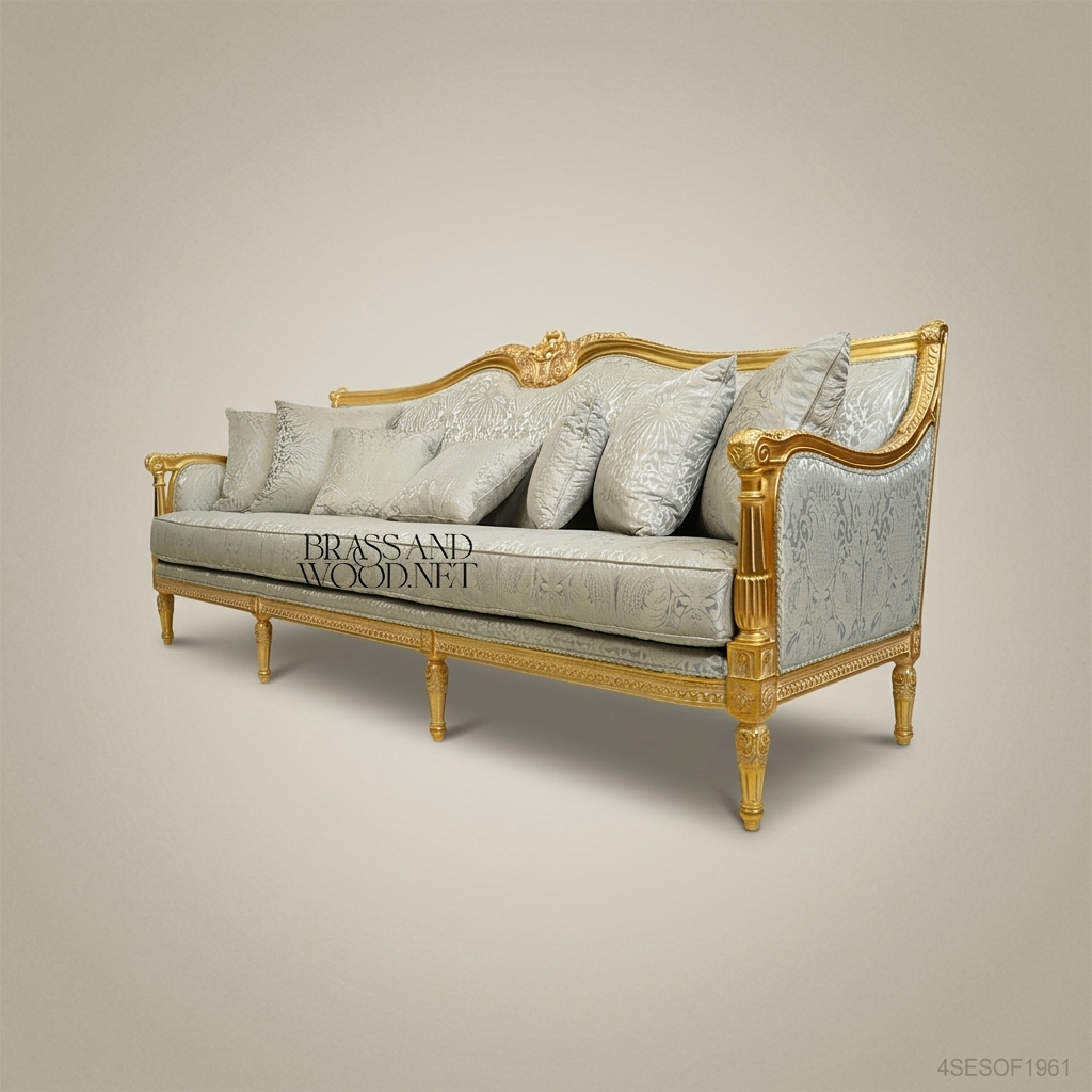 3-Seat Louis XVI Gilded Salon Sofa – Damask Upholstery