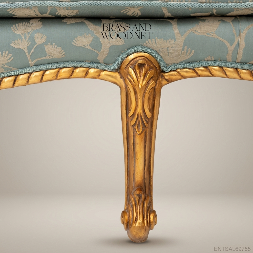 3-Seat Louis XV Gilded Salon Sofa – Damask Brocade
