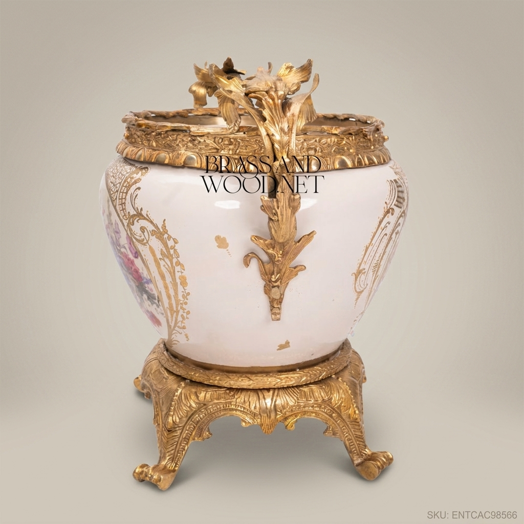 Napoleon III Rococo Revival Porcelain Cachepot - Hand-Painted Floral Basket with Gilt Bronze Mounts