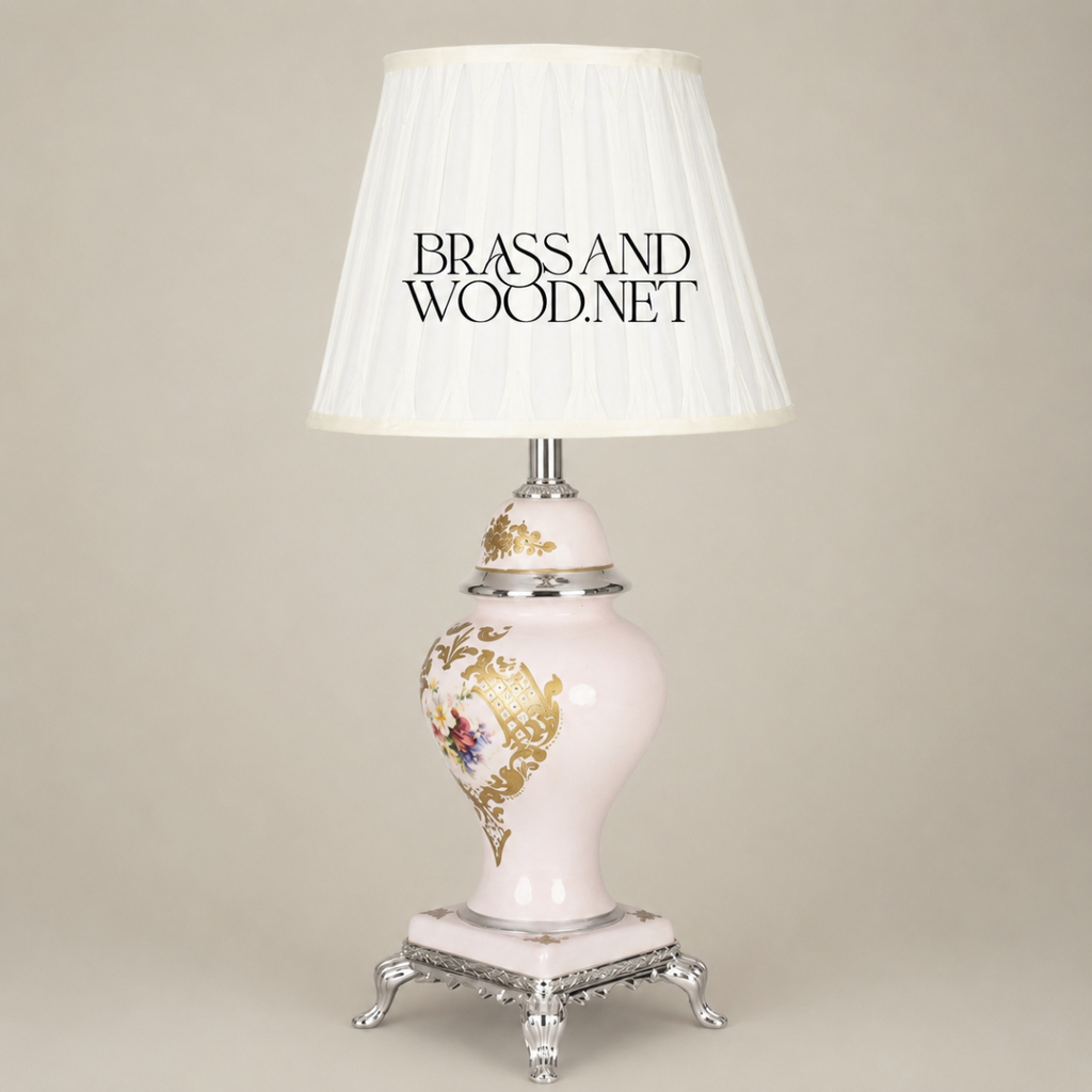 Classical Porcelain Table Lamp - Hand-Painted Floral Bouquet & Ornate Brass Base — Silver