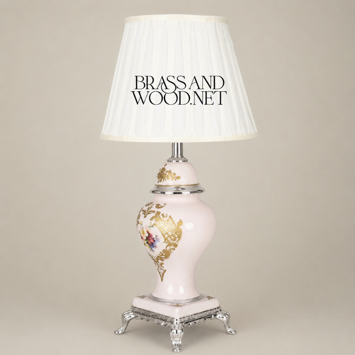 Classical Porcelain Table Lamp - Hand-Painted Floral Bouquet & Ornate Brass Base — Silver