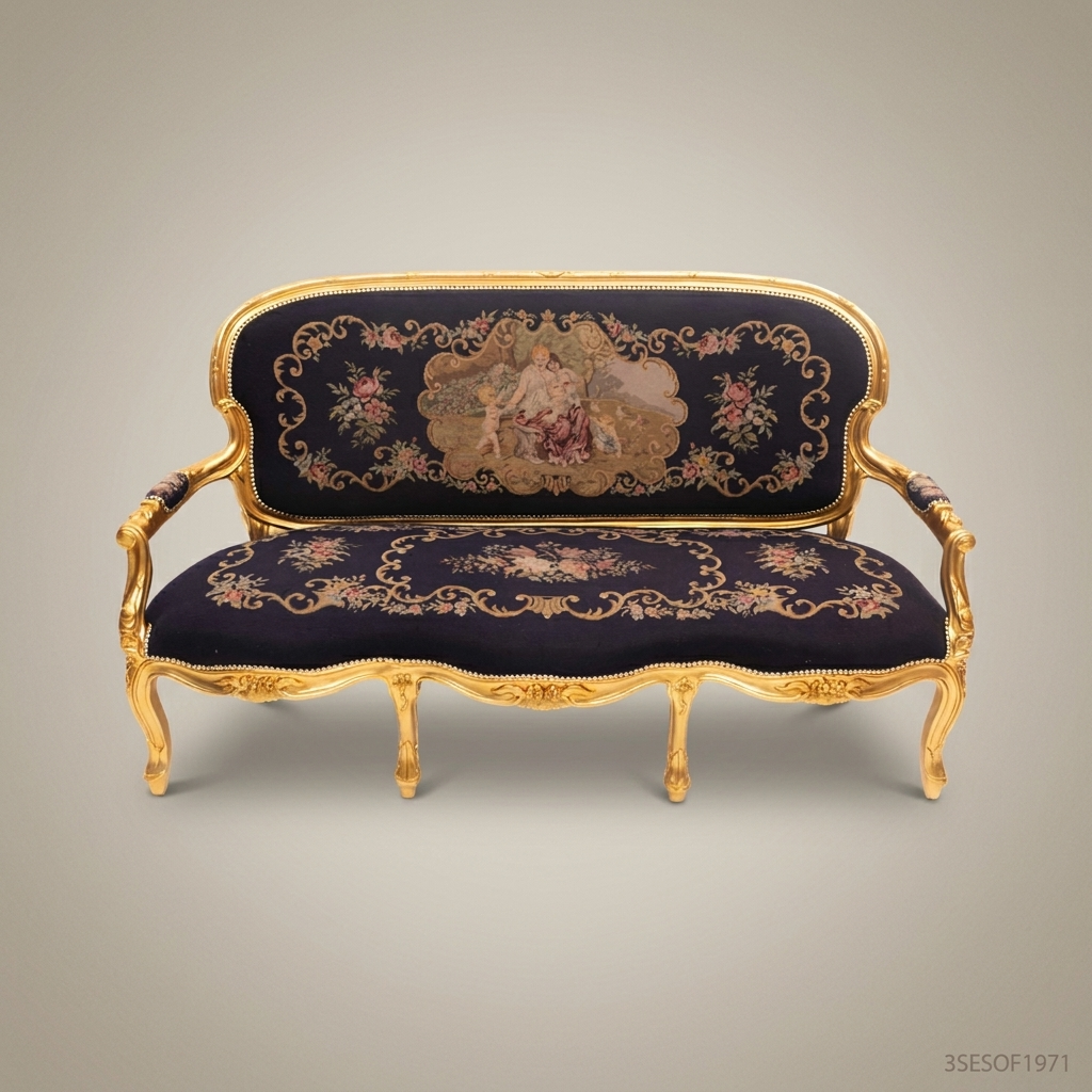 4-Seat Louis XV Gilded Wood Salon Sofa with Tapestry Upholstery
