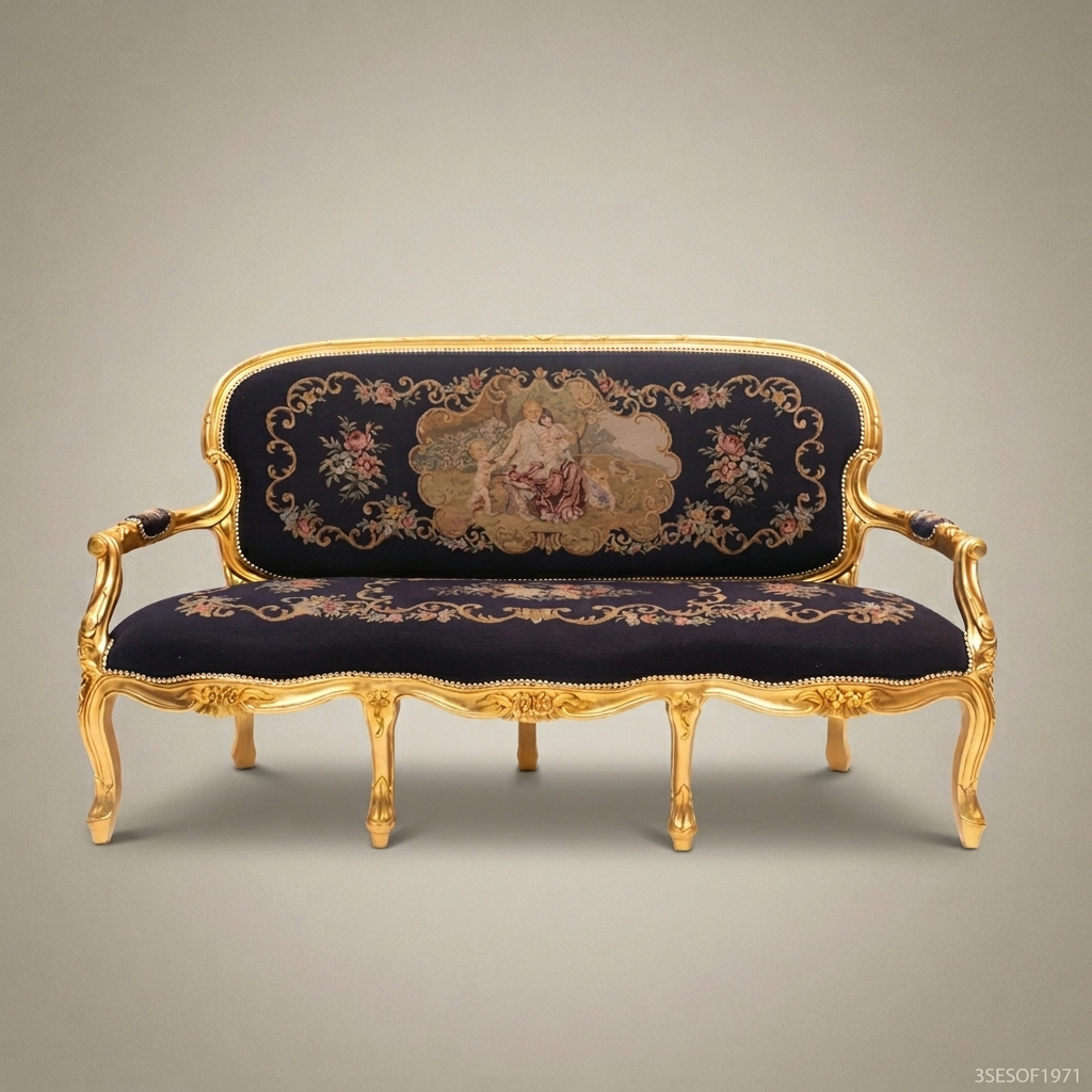 4-Seat Louis XV Gilded Wood Salon Sofa with Tapestry Upholstery