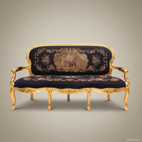 4-Seat Louis XV Gilded Wood Salon Sofa with Tapestry Upholstery