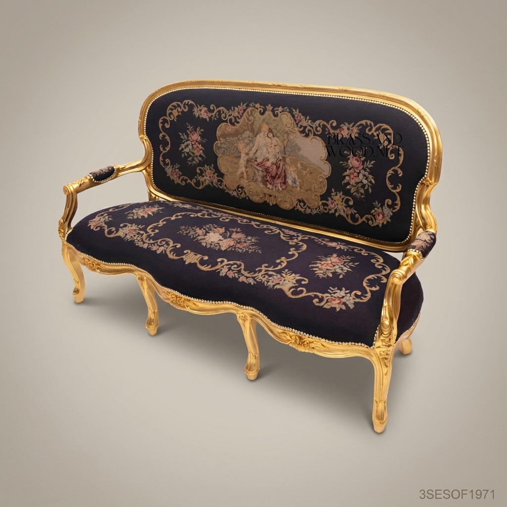4-Seat Louis XV Gilded Wood Salon Sofa with Tapestry Upholstery
