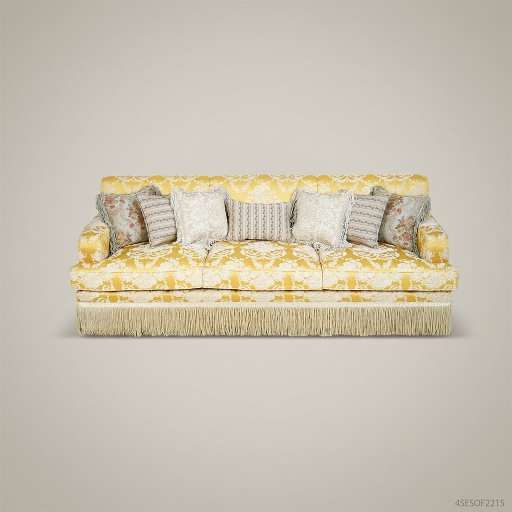4-Seat Baroque Damask Salon Sofa with Fringe Trim