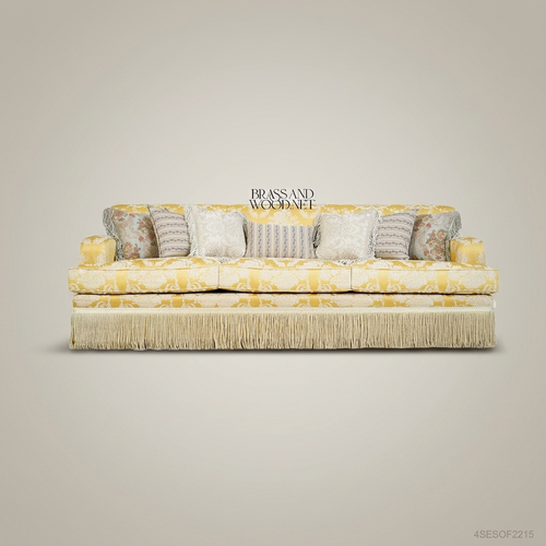 4-Seat Baroque Damask Salon Sofa with Fringe Trim