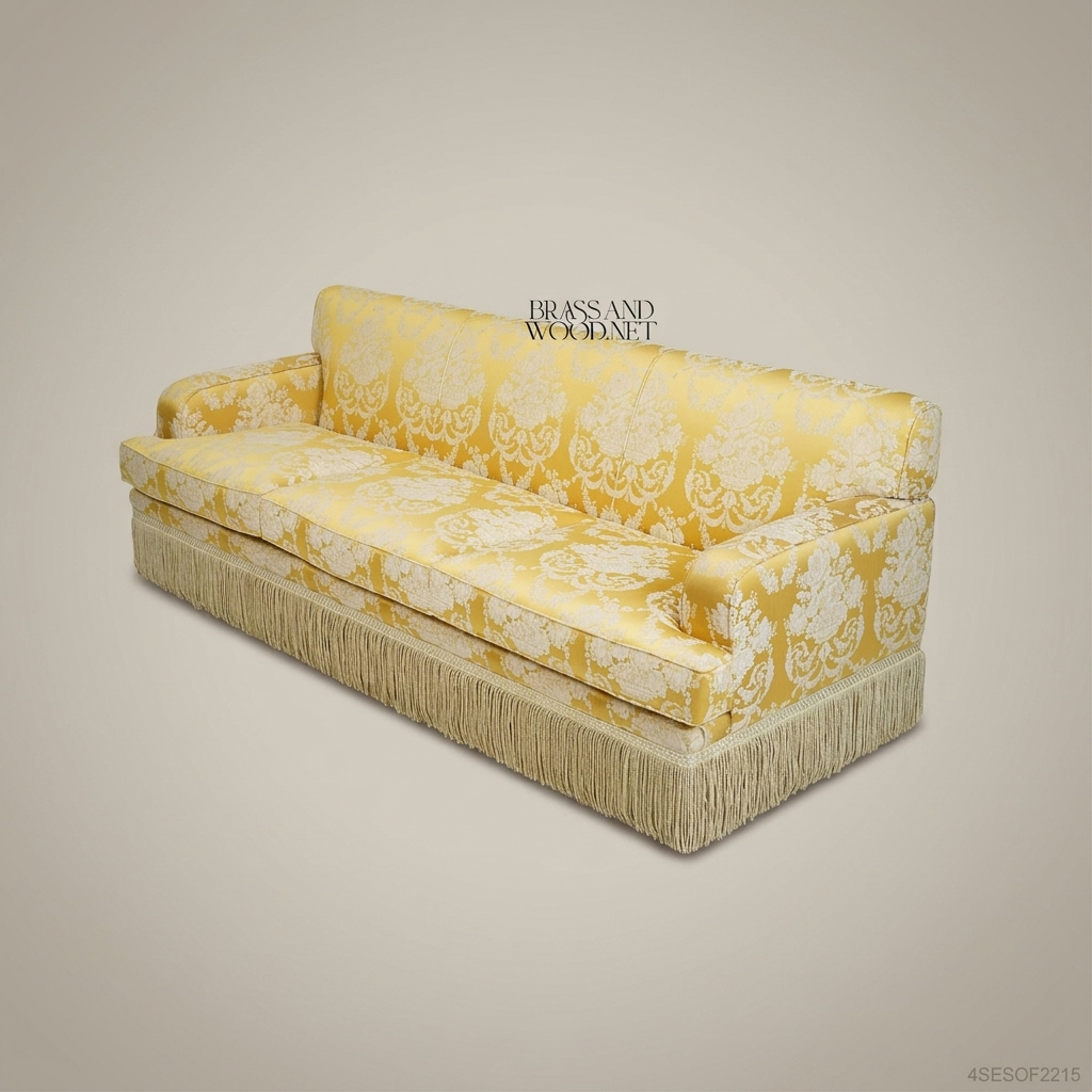 4-Seat Baroque Damask Salon Sofa with Fringe Trim