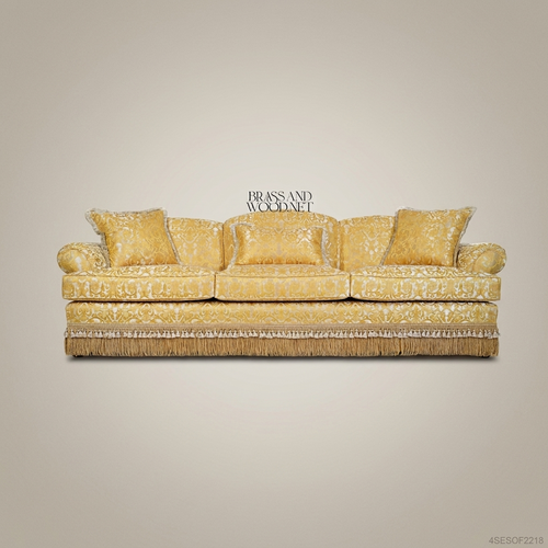 4-Seat Louis XV Damask Salon Sofa with Gold Fringe