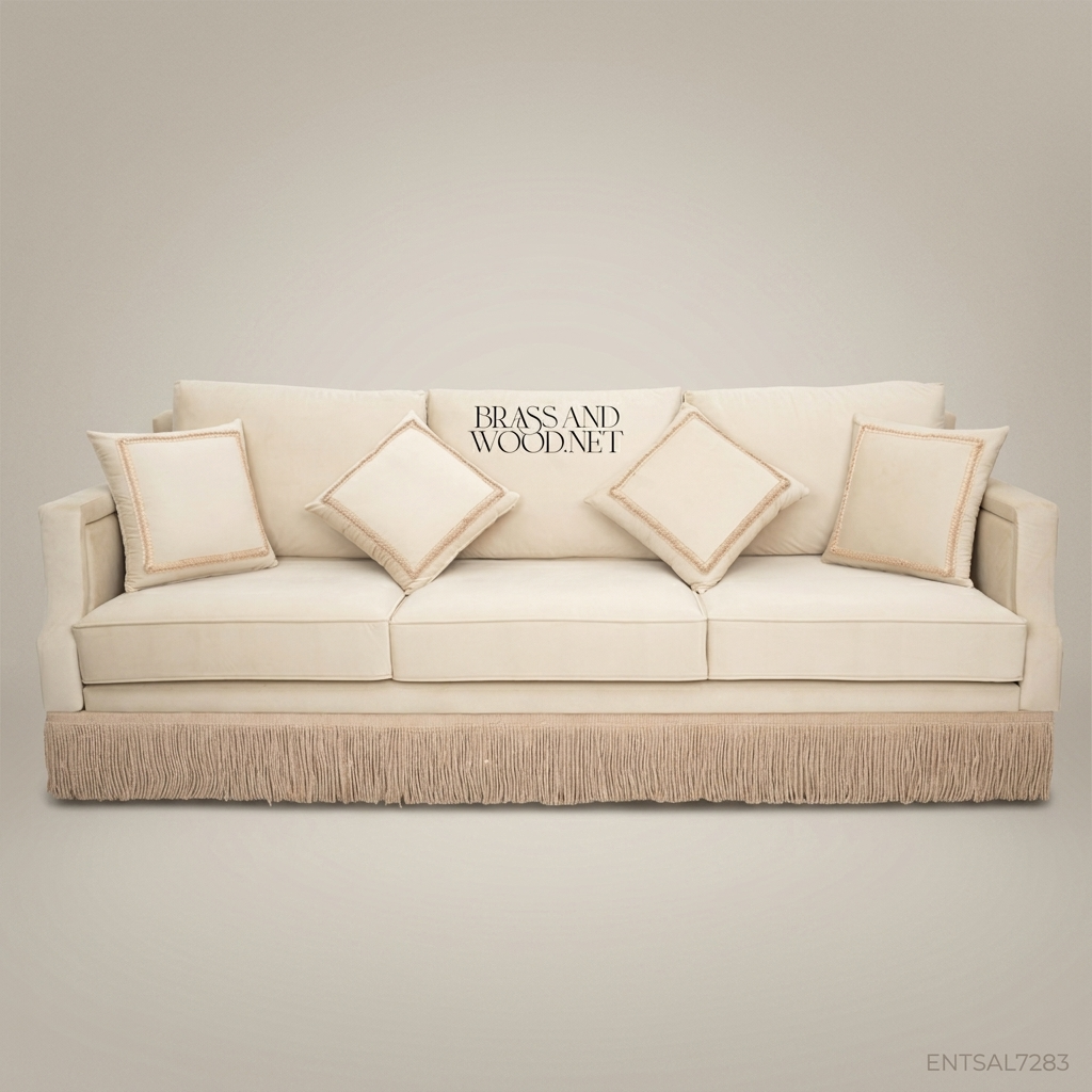 4-Seat Classical Fringed Velvet Salon Sofa with Braided Trim