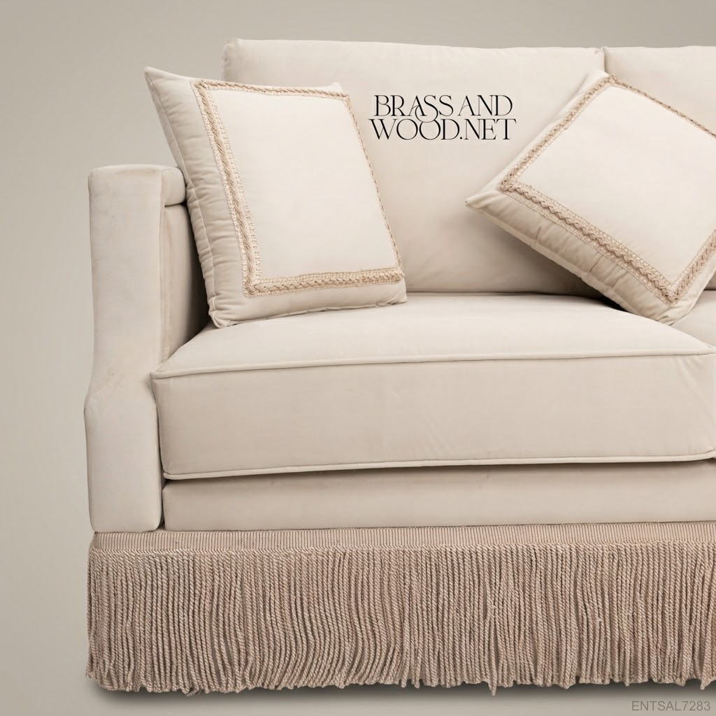 4-Seat Classical Fringed Velvet Salon Sofa with Braided Trim