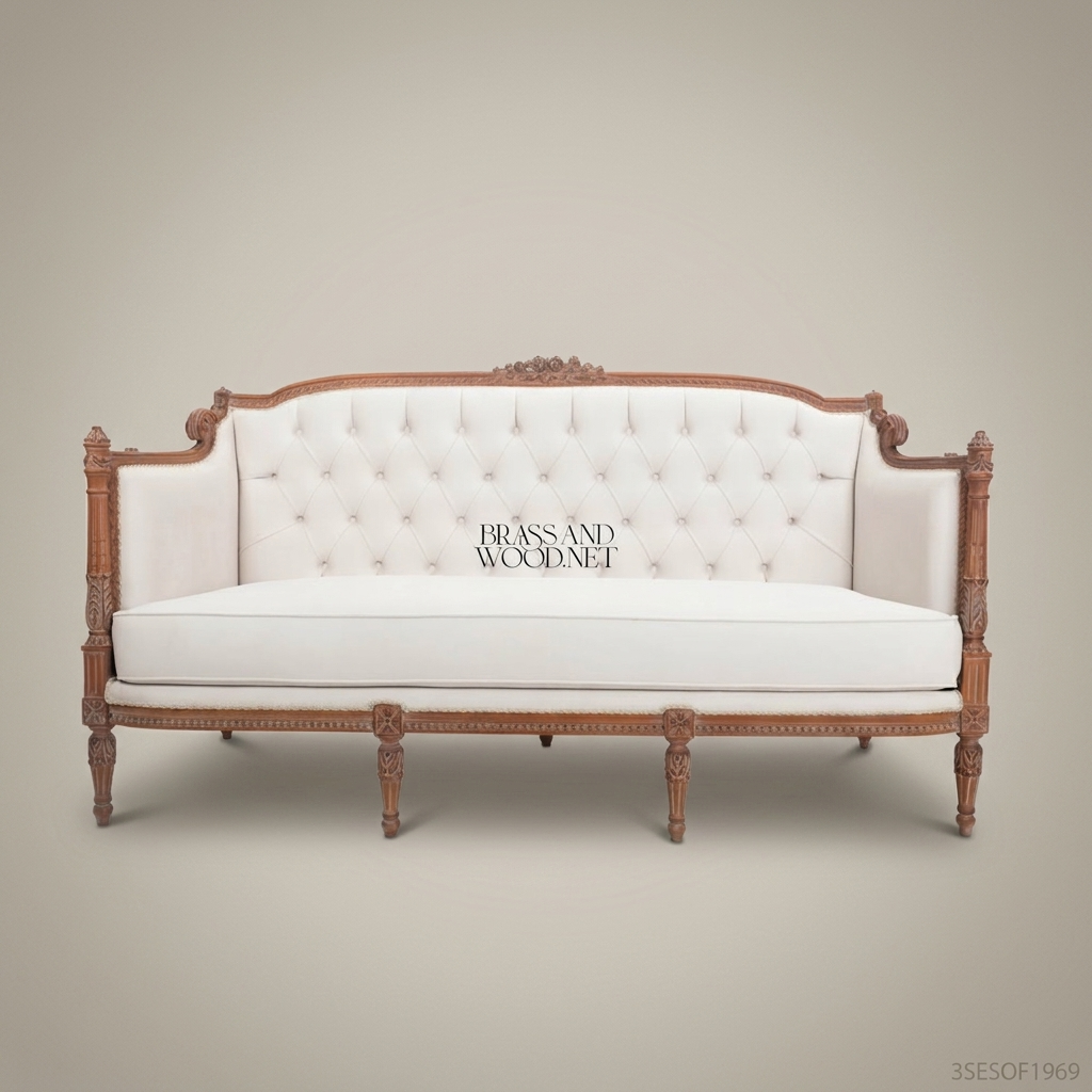 4-Seat Louis XVI Carved Wood Tufted Salon Sofa