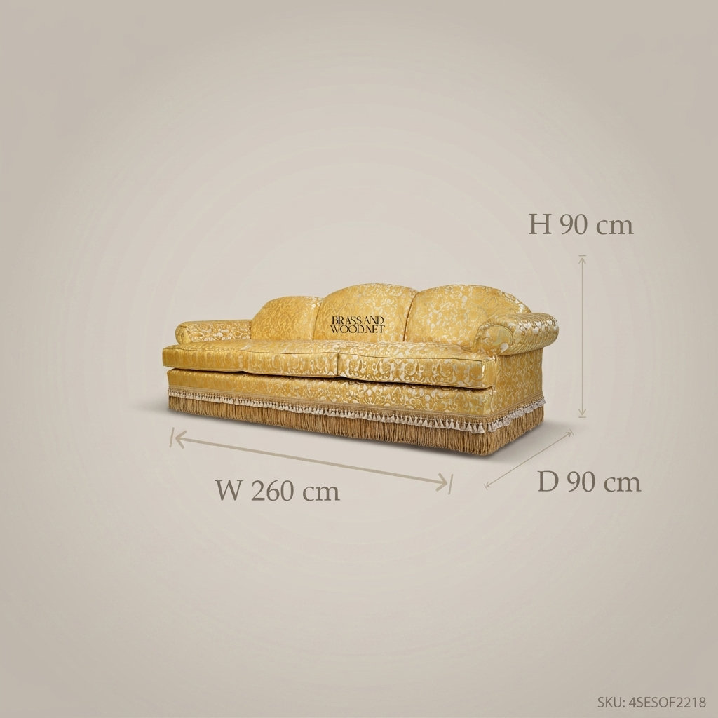 5-Seat Rococo Damask Salon Sofa with Gold Fringe