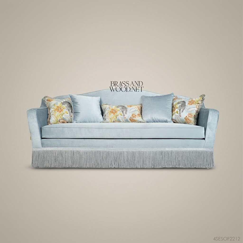 5-Seat Neoclassical Velvet Salon Sofa with Fringe Trim