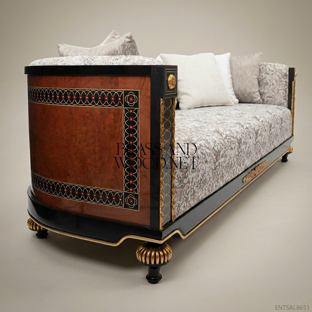 5-Seat Empire Salon Sofa with Gilt Wood & Damask Upholstery