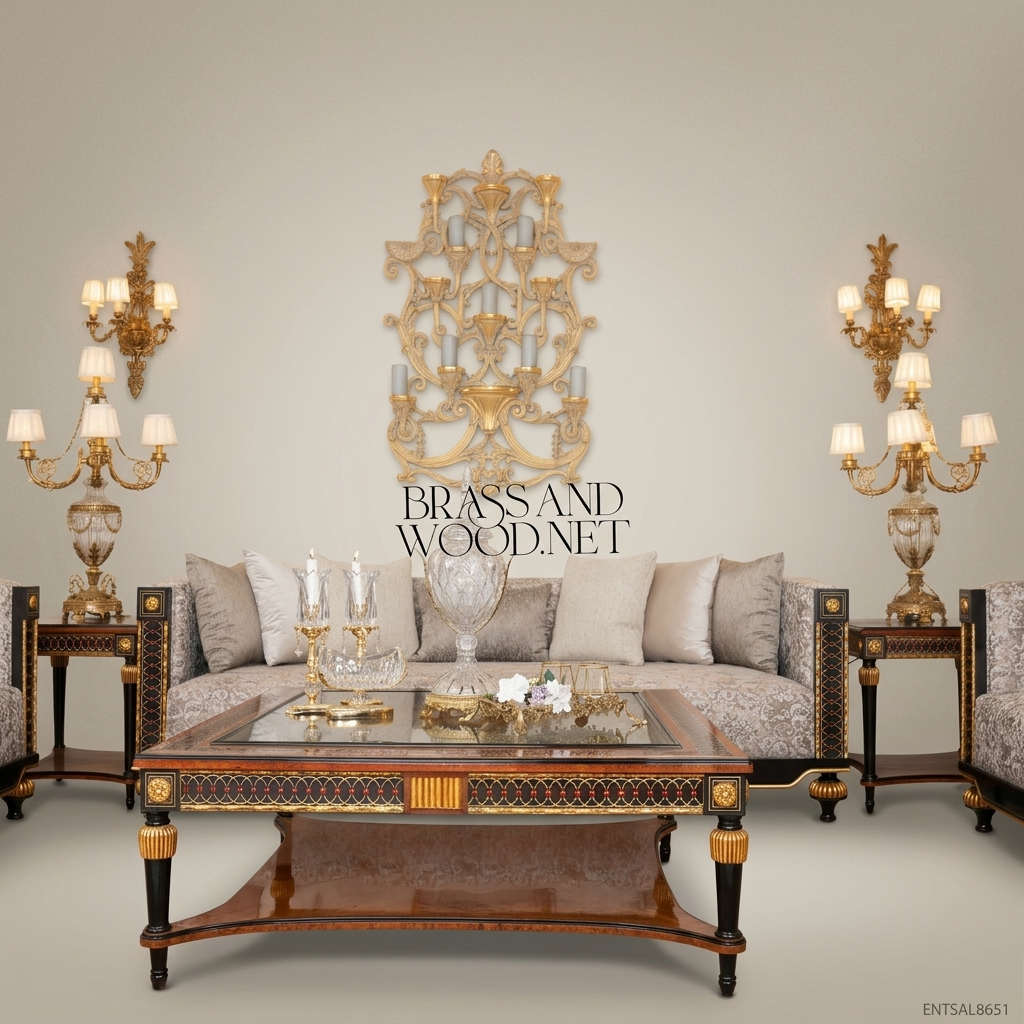 5-Seat Empire Salon Sofa with Gilt Wood & Damask Upholstery