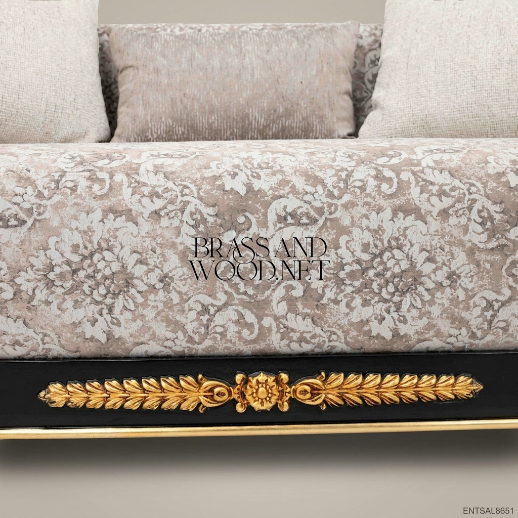 5-Seat Empire Salon Sofa with Gilt Wood & Damask Upholstery