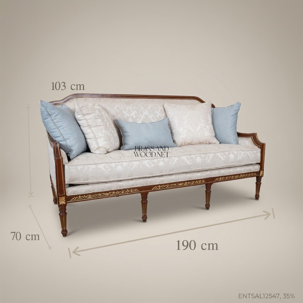 5-Seat Louis XVI Damask Salon Sofa with Gilt Wood Frame