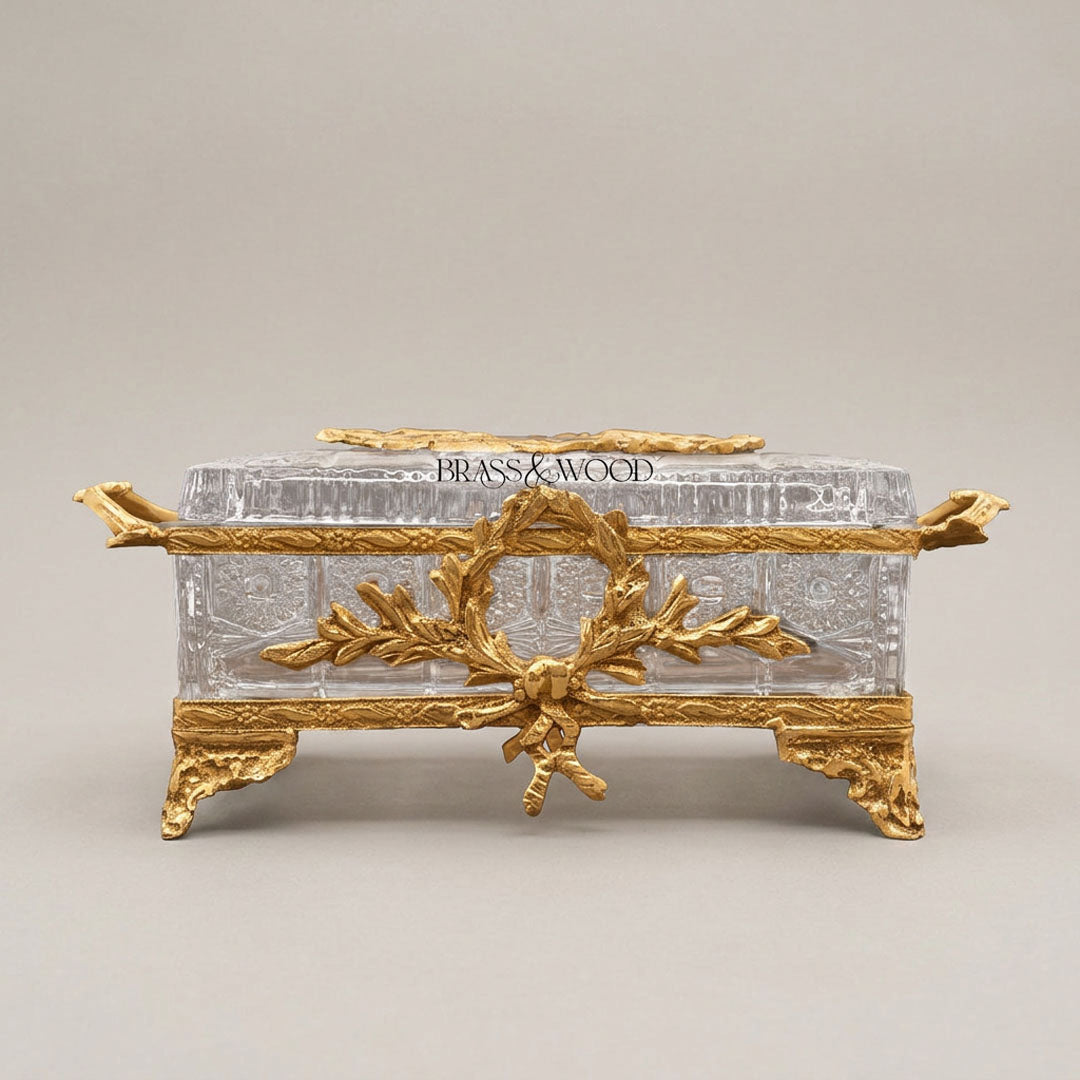 Crystal Tissue Box with Seashell Ornament - Gold Plated