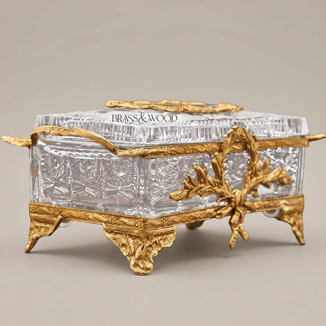 Crystal Tissue Box with Seashell Ornament - Gold Plated