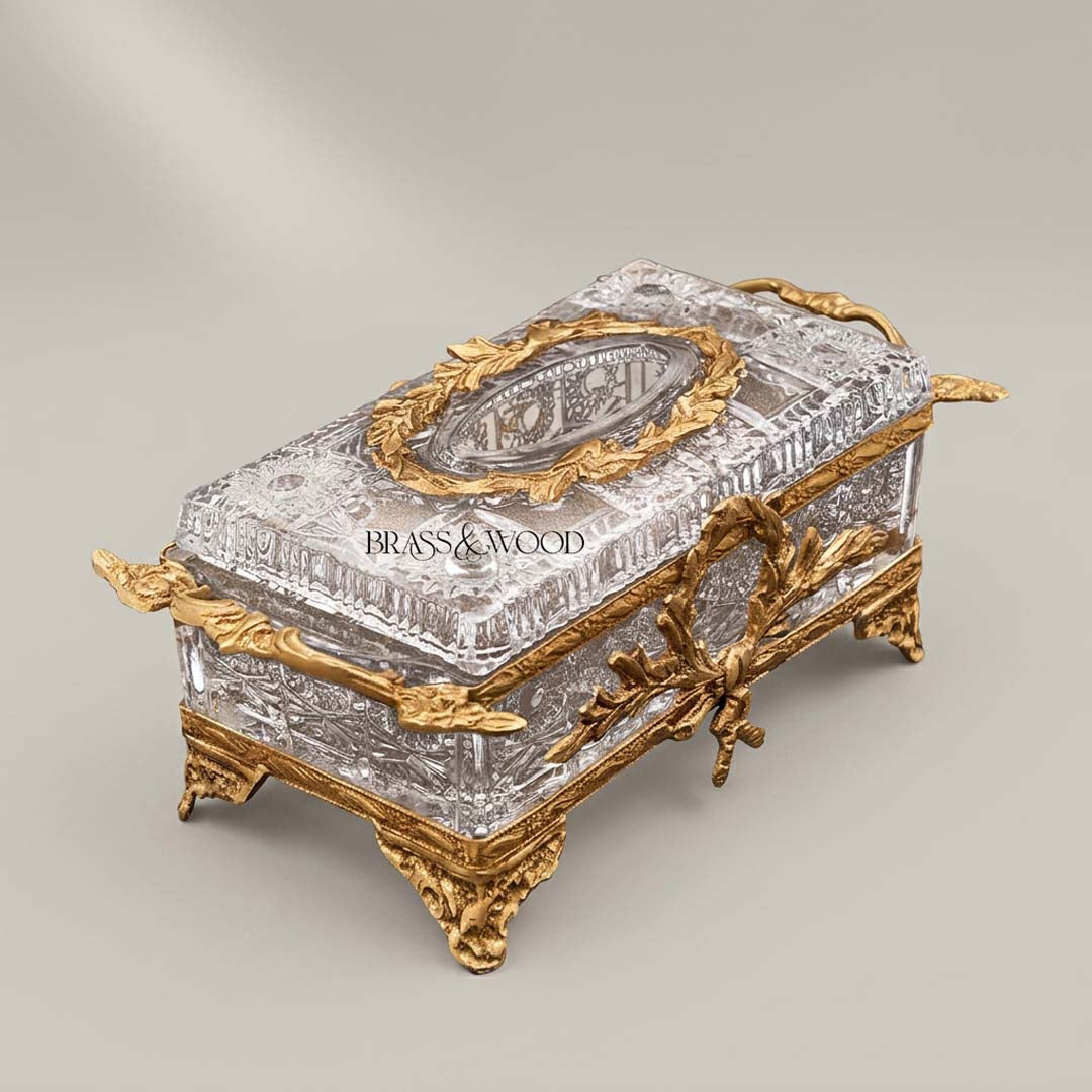 Crystal Tissue Box with Seashell Ornament - Gold Plated