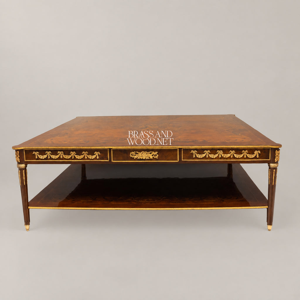طقم طاولات ماركتريه ثلاثي برف 140 سم – خشب ونحاس