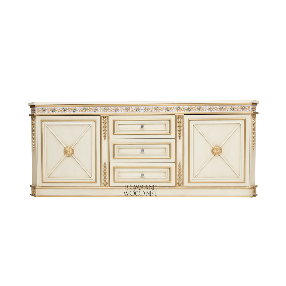 Brass & Wood Neoclassical Painted Buffet with Gold Ornamentation — 250cm