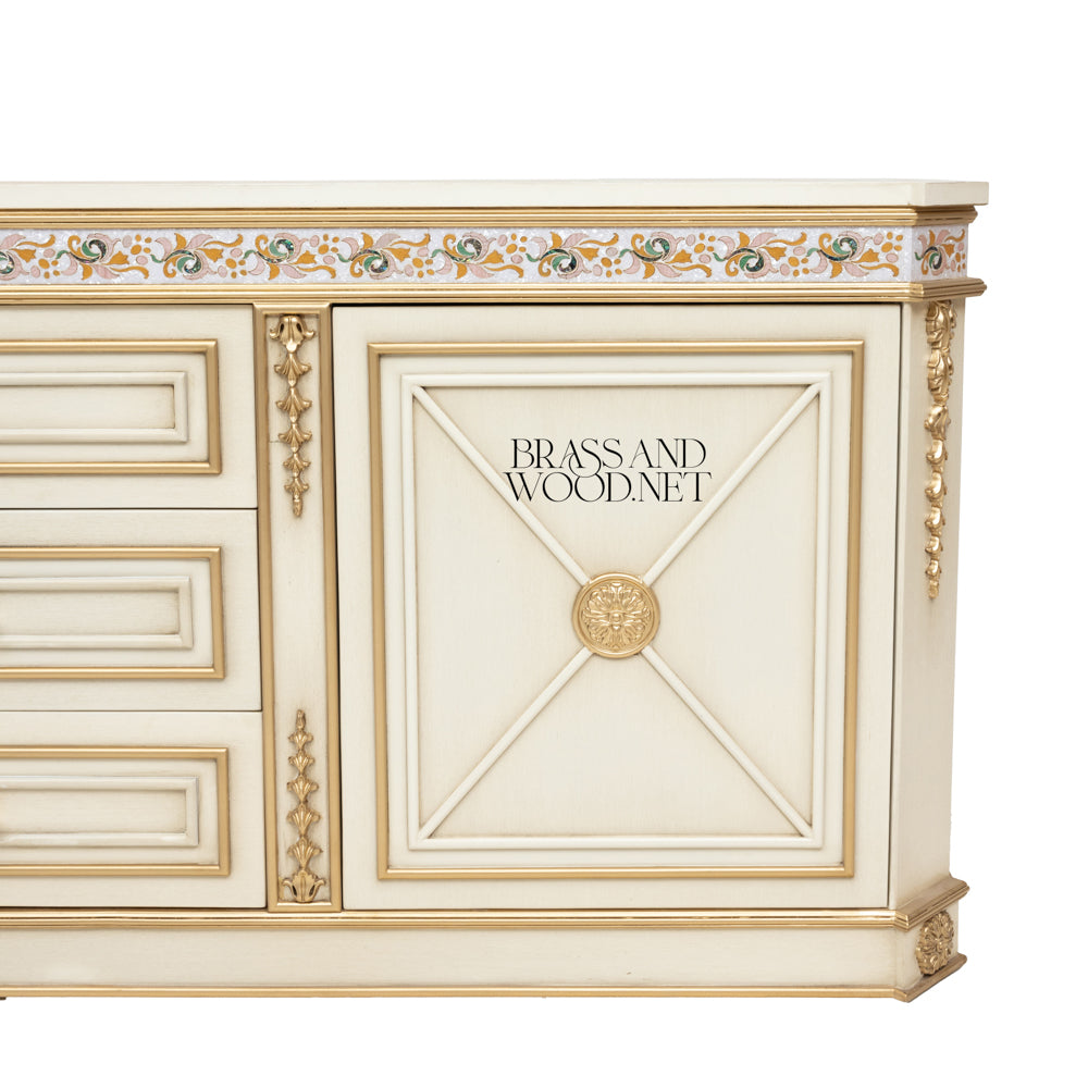 Brass & Wood Neoclassical Painted Buffet with Gold Ornamentation — 400cm