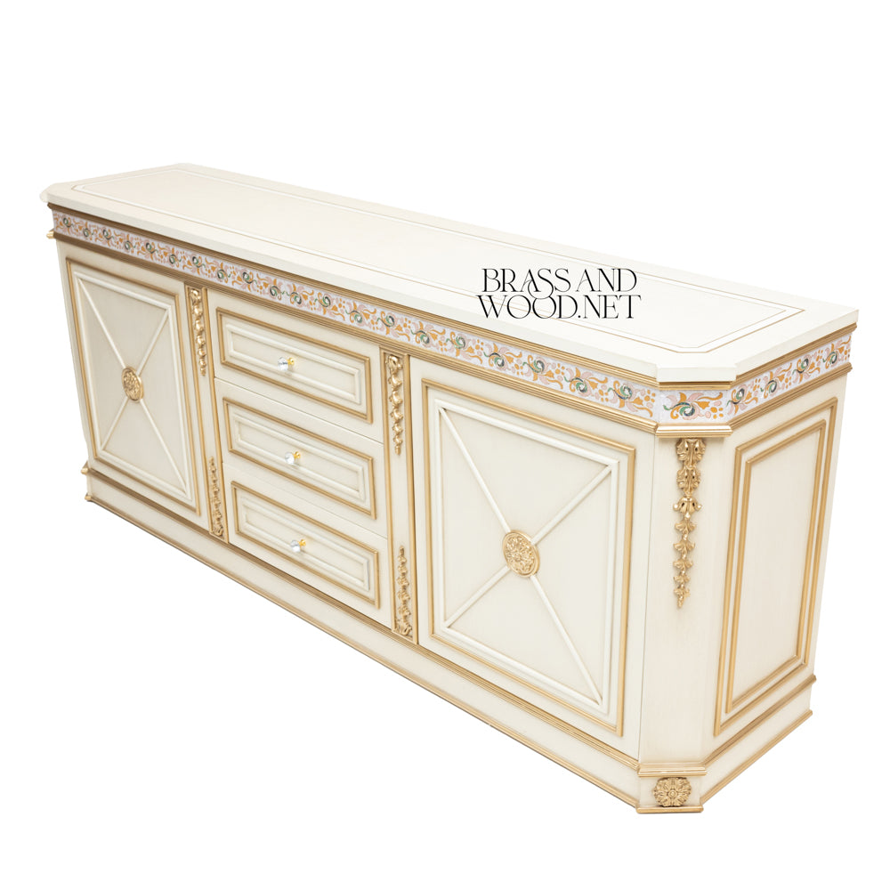Brass & Wood Neoclassical Painted Buffet with Gold Ornamentation — 250cm