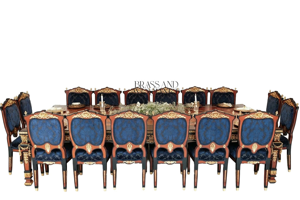Empire Gilt Dining Suite with Marquetry Buffet & Damask Chairs