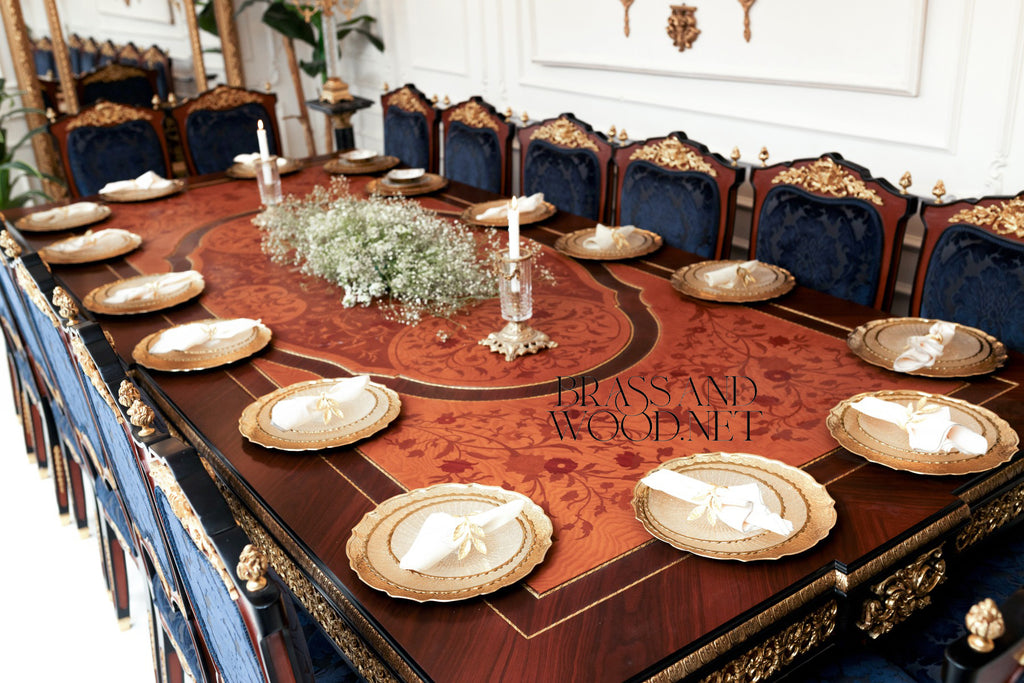 Empire Gilt Dining Suite with Marquetry Buffet & Damask Chairs