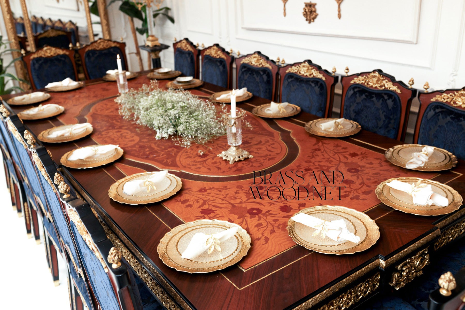 Empire Gilt Dining Suite with Marquetry Buffet & Damask Chairs