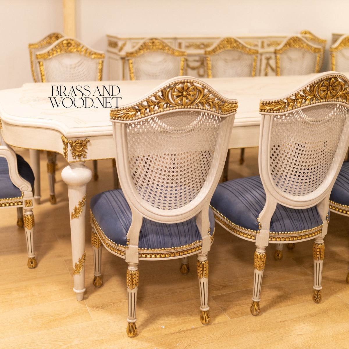 Louis XVI Floral Painted Dining Suite with Gilt Accents