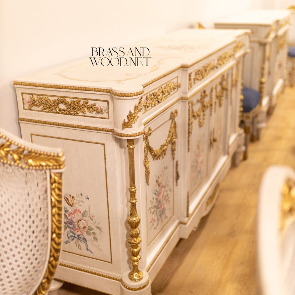 Louis XVI Floral Painted Dining Suite with Gilt Accents