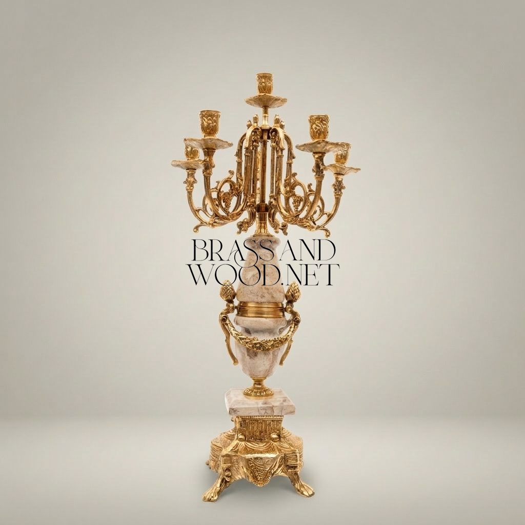 Neoclassical Five-Arm Candelabra with Marble Column & Ornate Brass Base