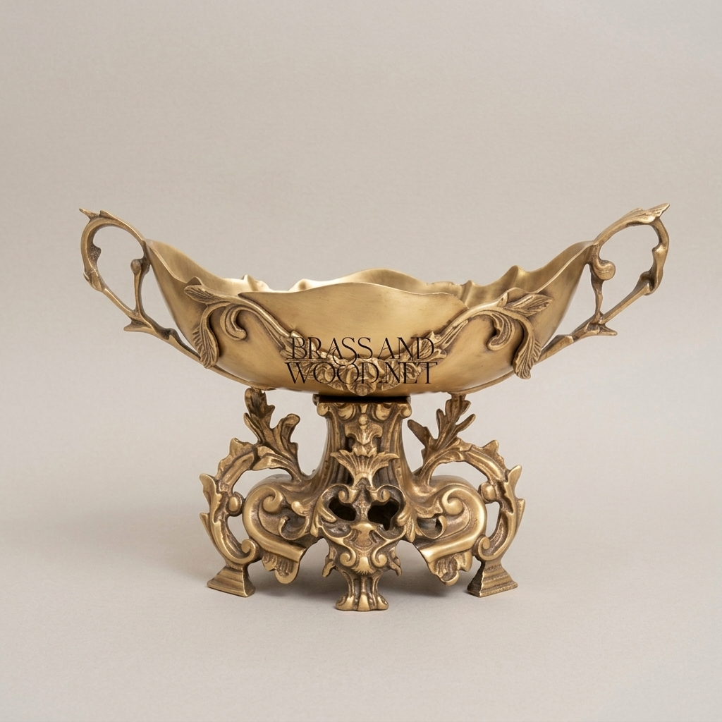 Rococo Brass Candy Dish - Dual-Handle Leaf-Scroll Pedestal Bowl - Antique