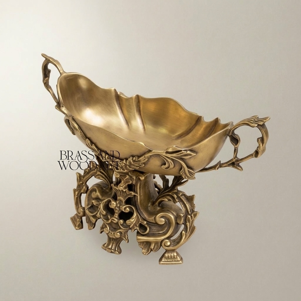Rococo Brass Candy Dish - Dual-Handle Leaf-Scroll Pedestal Bowl - Antique