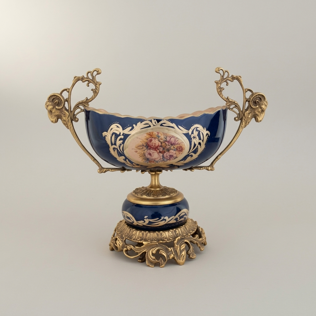 Rococo Brass & Porcelain Pedestal Compote - Floral Medallion Navy Blue
