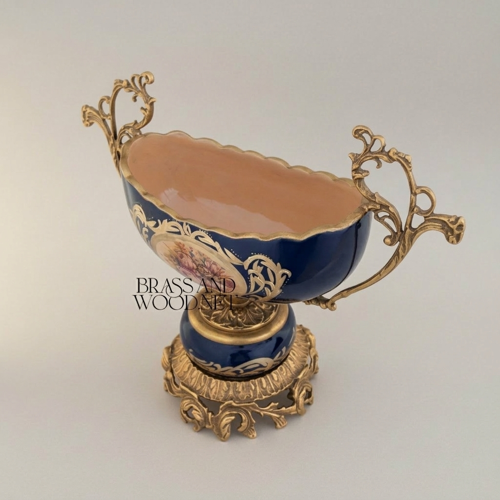 Rococo Brass & Porcelain Pedestal Compote - Floral Medallion Navy Blue