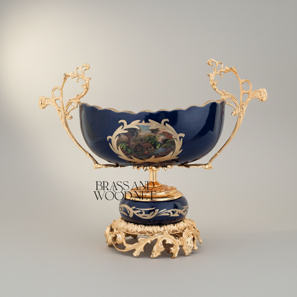 Rococo Brass & Porcelain Pedestal Compote - Floral Medallion Navy Blue
