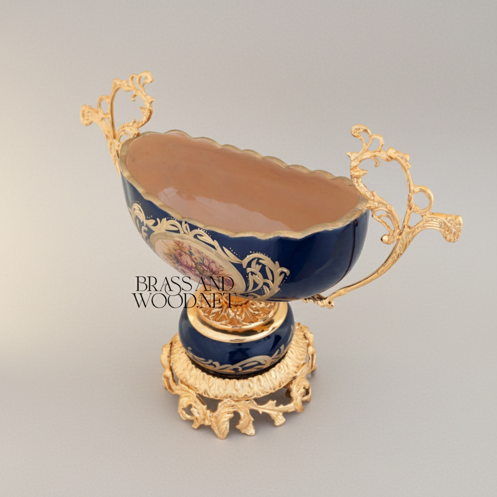 Rococo Brass & Porcelain Pedestal Compote - Floral Medallion Navy Blue