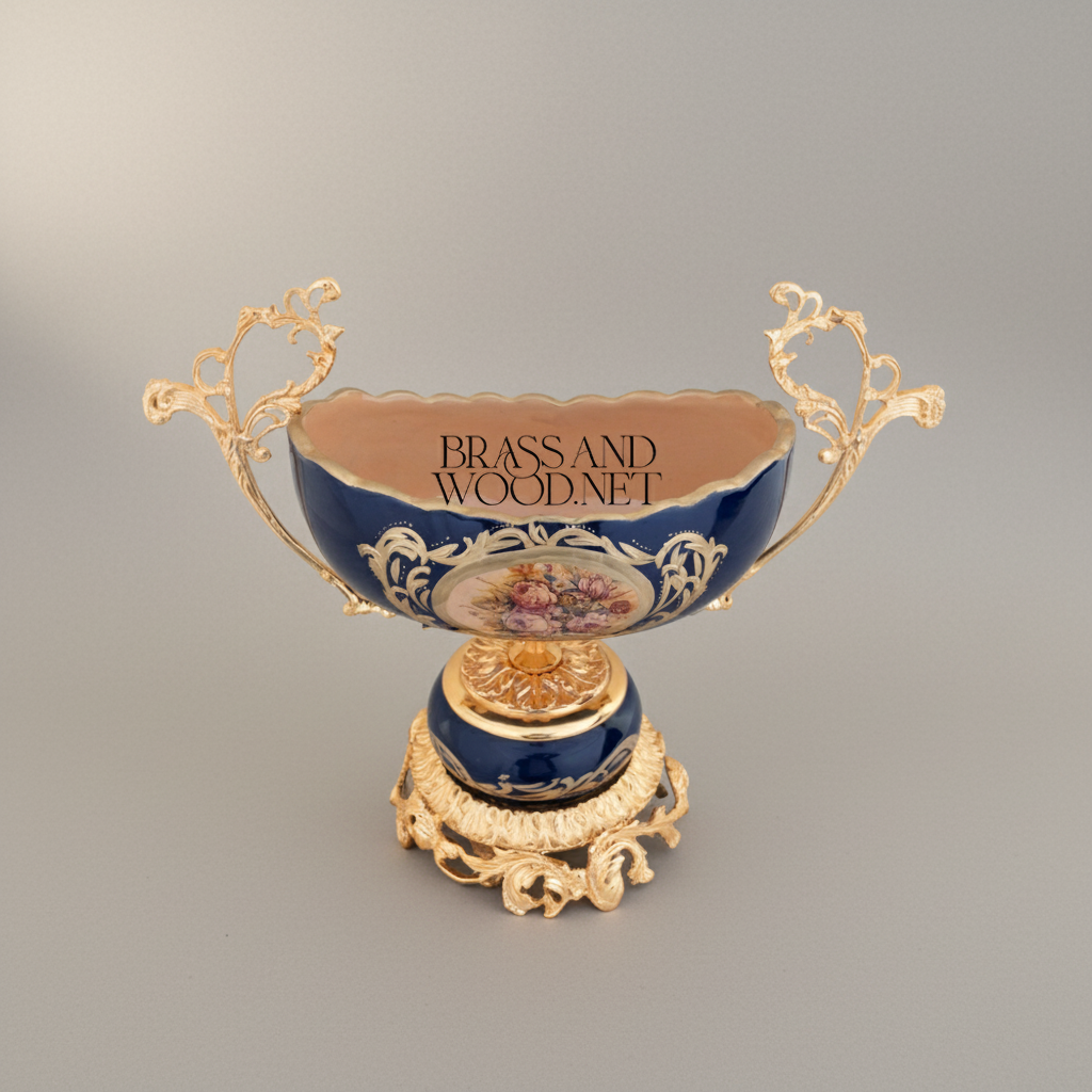 Rococo Brass & Porcelain Pedestal Compote - Floral Medallion Navy Blue