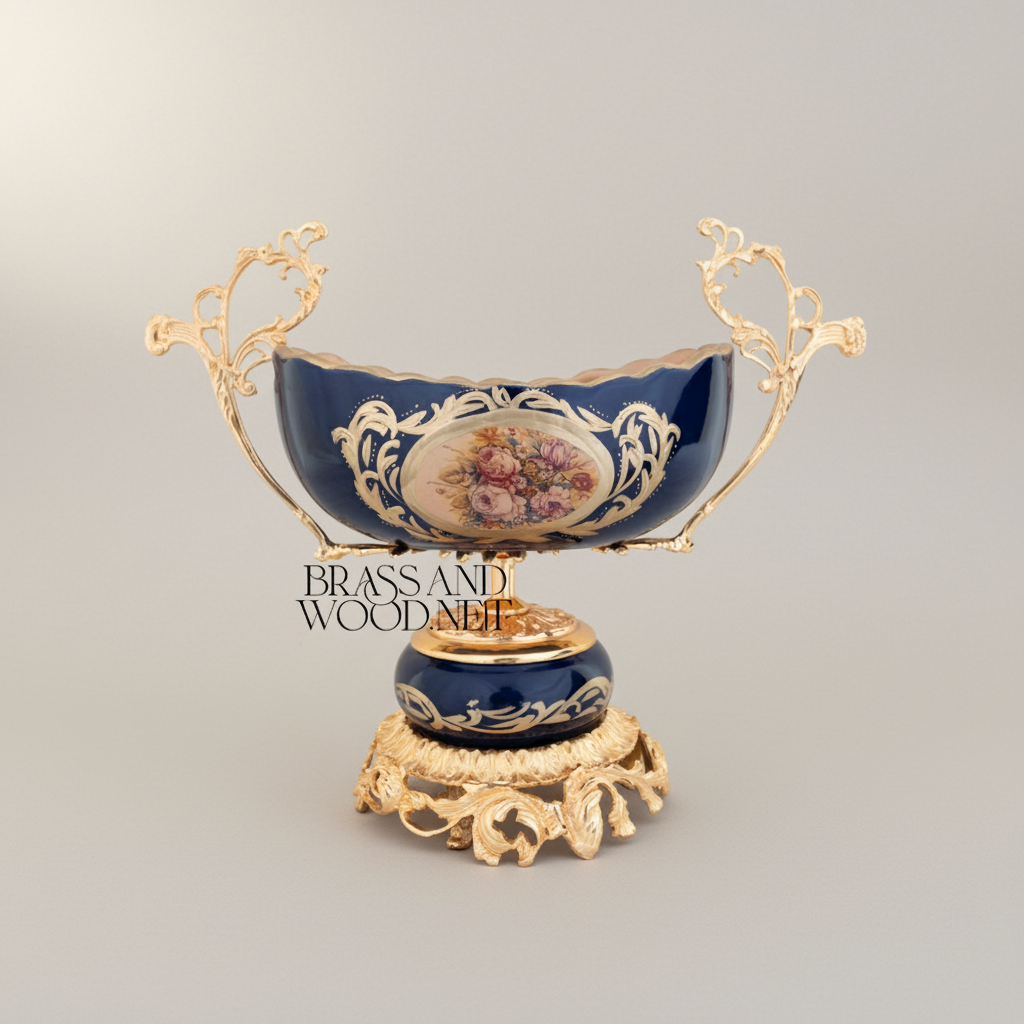 Rococo Brass & Porcelain Pedestal Compote - Floral Medallion Navy Blue