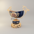 Rococo Brass & Porcelain Pedestal Compote - Floral Medallion Navy Blue
