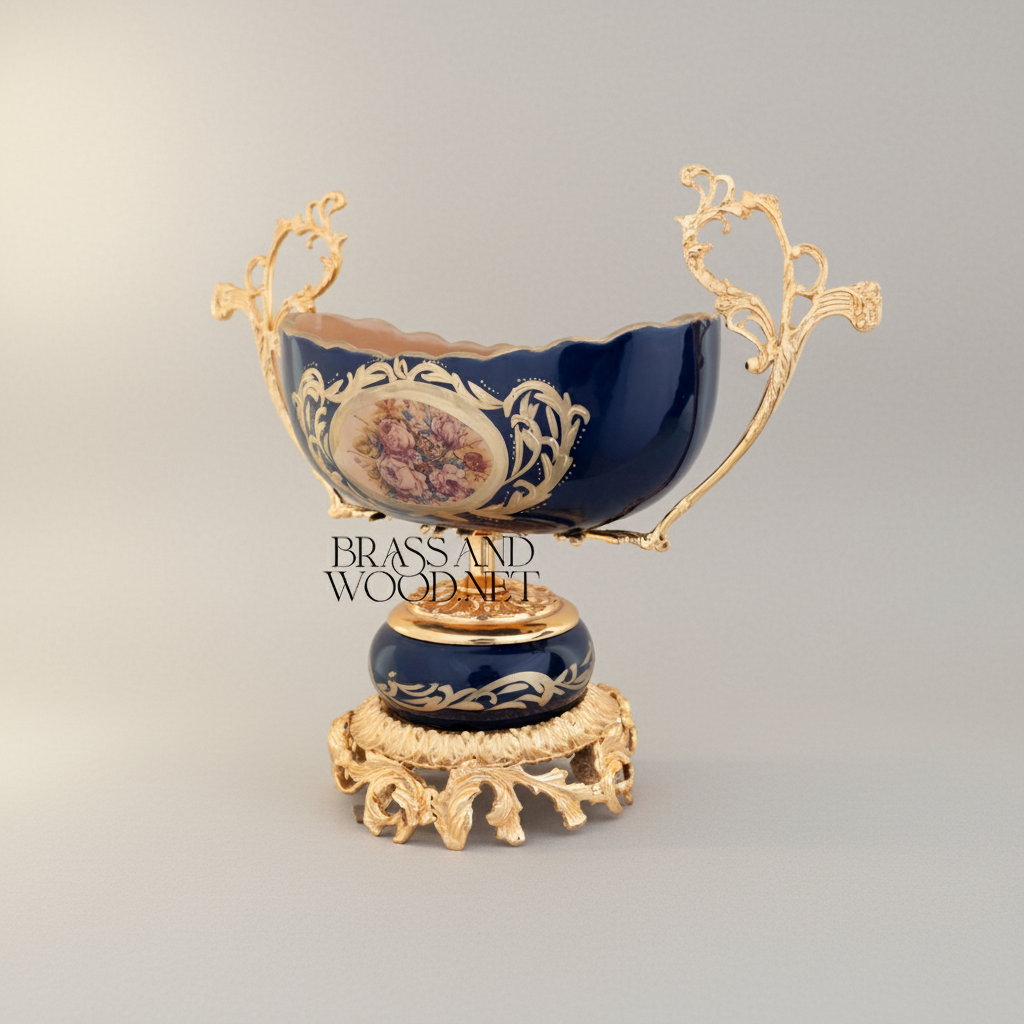 Rococo Brass & Porcelain Pedestal Compote - Floral Medallion Navy Blue