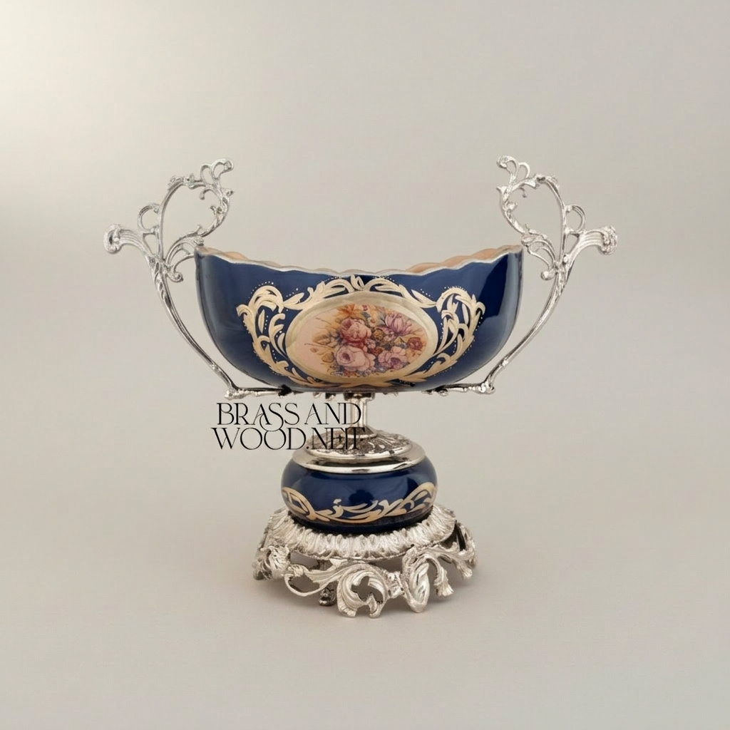 Rococo Brass & Porcelain Pedestal Compote - Floral Medallion Navy Blue